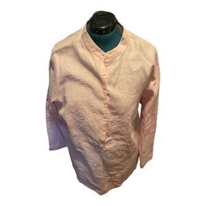Vintage Pale Pink Embroidered Carole Little Long Sleeve Tunic Top 100% Linen 1X